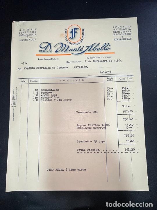 Juguetes antiguos: FACTURA. D. MUNT&Eacute; ABELL&Oacute;. EXCLUSIVAS INDUSTRIALES FORTUNA. JUGUETES. BARCELONA, 1964