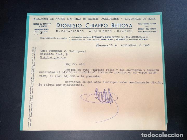 Juguetes antiguos: CARTA COMERCIAL.JUGUETES.DIONISIO CHIAPPO BETTOYA.ALMACENES PIANOS,MAQUINAS ESCRIBIR.BARCELONA,1960