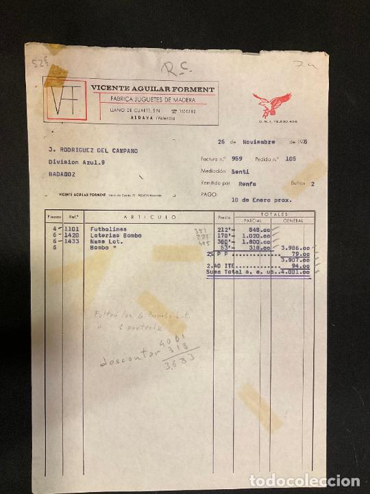 Juguetes antiguos: FACTURA DE JUGUETES. VICENTE AGUILAR FORMENT. FABRICA DE JUGUETES. ALDAYA. VALENCIA. 1976