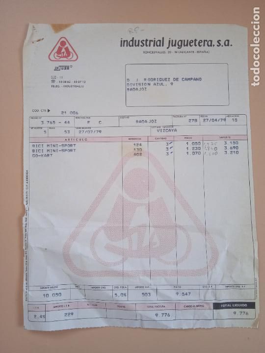 Jouets Anciens: FACTURA DE JUGUETES. INJUSA. INDUSTRIAL JUGUETERA, S.A. IBI, ALICANTE, 1979.
