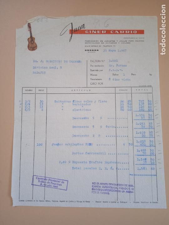 Old Toys: FACTURA DE JUGUETES. FABRICACION DE JUGUETES. JUAN GINER CARRIO. ONDARA, ALICANTE, 1967.