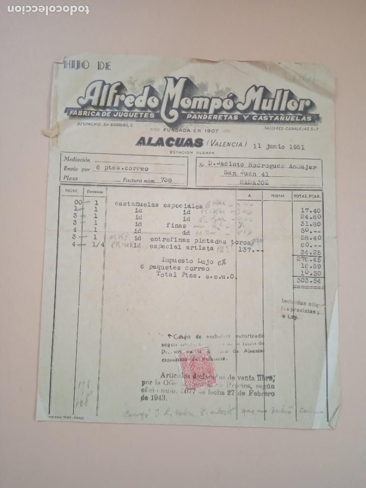 Old Toys: FACTURA DE JUGUETES. FABRICA DE JUGUETES-PANDERETAS. HIJO DE ALFREDO MOMPO. ALACUAS, VALENCIA, 1951.