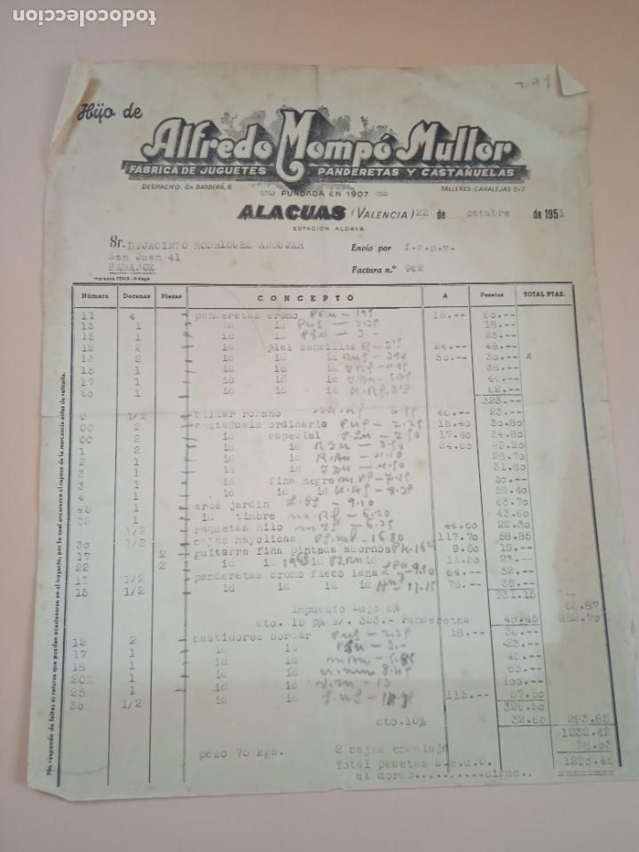 Old Toys: FACTURA DE JUGUETES. FABRICA DE JUGUETES-PANDERETAS. HIJO DE ALFREDO MOMPO. ALACUAS, VALENCIA, 1951.