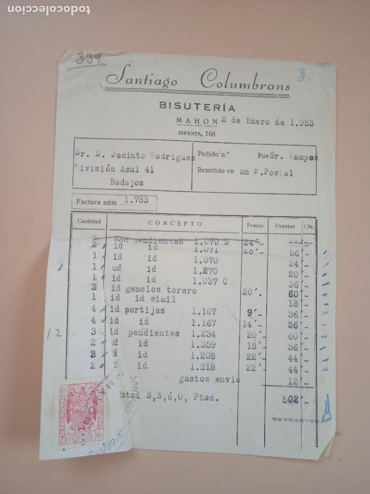 Old Toys: FACTURA DE JUGUETES. BISUTERIA. SANTIAGO COLUMBRANS. MAHON, 1953.