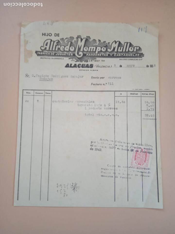 Old Toys: FACTURA DE JUGUETES. FABRICA DE JUGUETES-PANDERETAS. HIJO DE ALFREDO MOMPO. ALACUAS, VALENCIA, 1952.