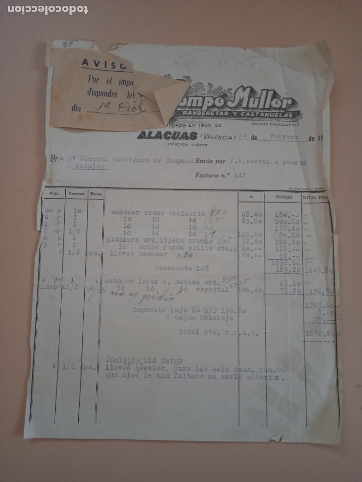 Old Toys: FACTURA DE JUGUETES. FABRICA DE JUGUETES-PANDERETAS. HIJO DE ALFREDO MOMPO. ALACUAS, VALENCIA, 1958.