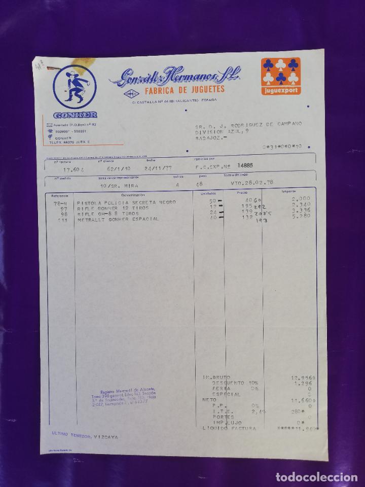 Giocattoli antichi: FACTURA DE JUGUETES. FABRICA DE JUGUETES. GONHER. GONZALEZ HNOS. IBI, ALICANTE 1978.