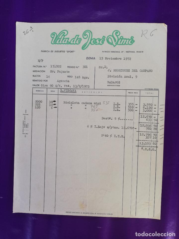Giocattoli antichi: FACTURA DE JUGUETES. FABRICA DE JUGUETES SPORT. VDA. DE JOSE SIMO. DENIA, ALICANTE, 1972.