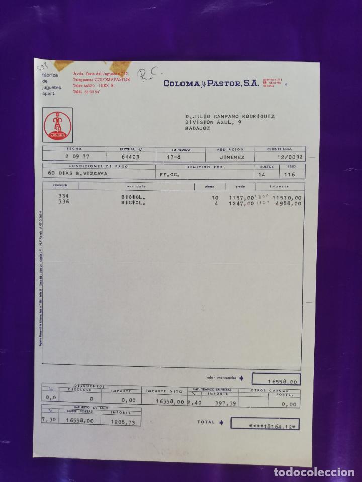 Giocattoli antichi: FACTURA DE JUGUETES. FABRICA DE JUGUETES SPORT. COLOMA Y PASTOR. IBI, ALICANTE, 1977.