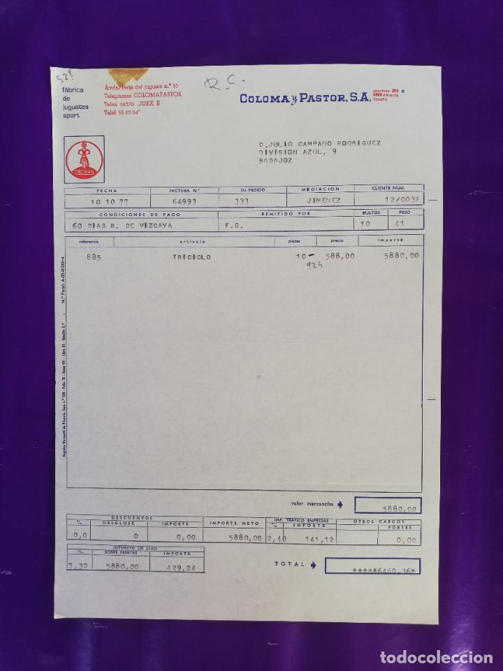 Giocattoli antichi: FACTURA DE JUGUETES. FABRICA DE JUGUETES SPORT. COLOMA Y PASTOR. IBI, ALICANTE, 1977.