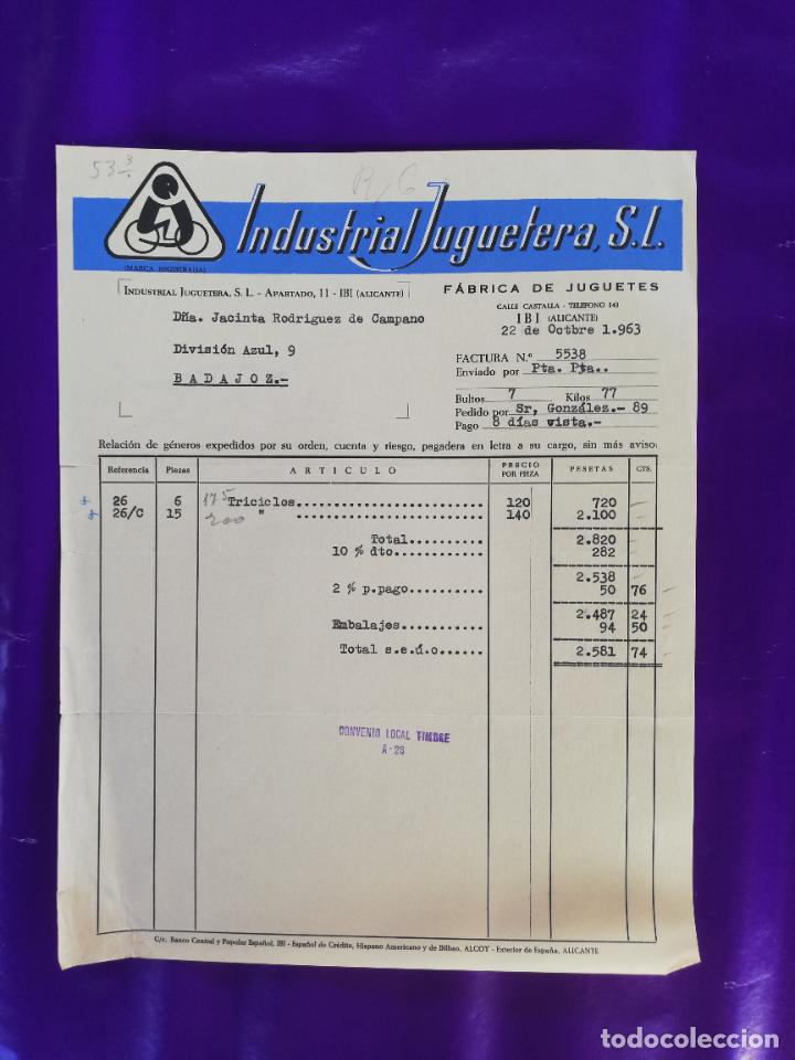Giocattoli antichi: FACTURA DE JUGUETES. FABRICA DE JUGUETES. INDUSTRIAL JUGUETERA, S.L. IBI, ALICANTE, 1963.