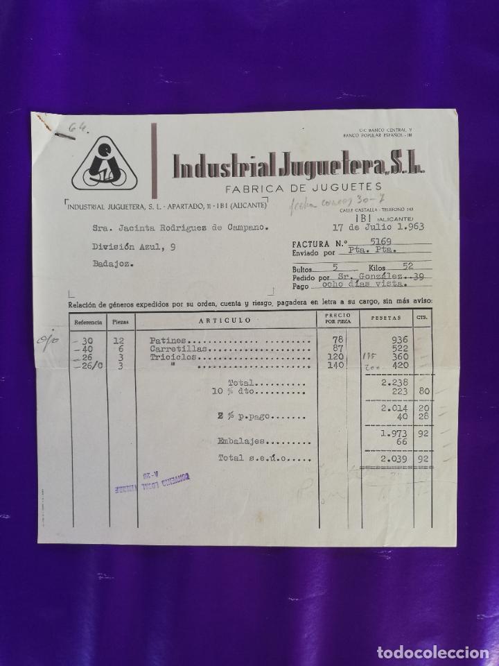 Giocattoli antichi: FACTURA DE JUGUETES. FABRICA DE JUGUETES. INDUSTRIAL JUGUETERA, S.L. IBI, ALICANTE, 1963.