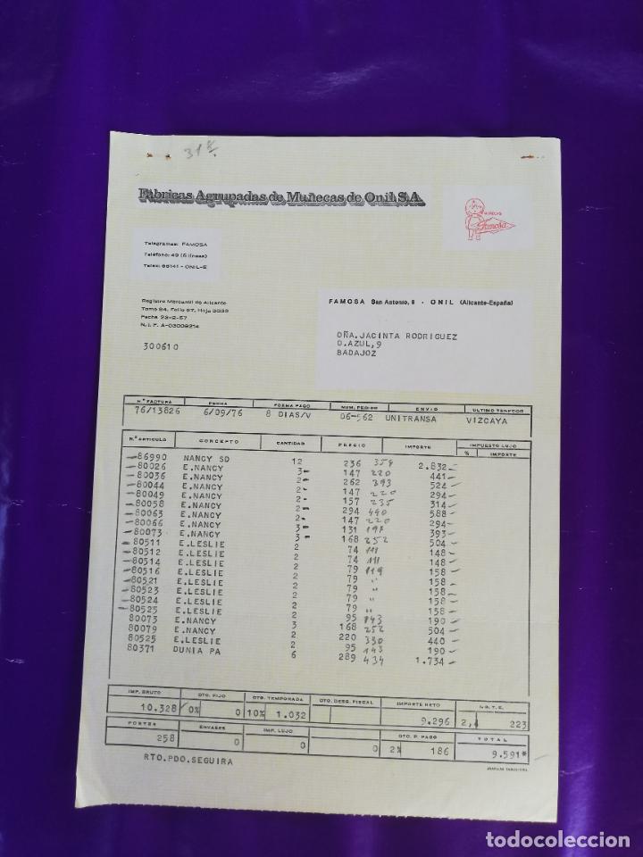 Giocattoli antichi: FACTURA DE JUGUETES. FABRICAS AGRUPADAS MU&Ntilde;ECAS ONIL, S.A. ONIL, ALICANTE, 1976.