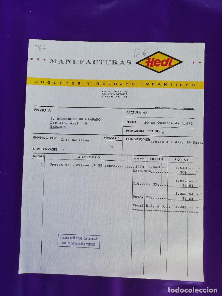 Giocattoli antichi: FACTURA DE JUGUETES. JUGUETES Y RELOJES INFANTILES. INDUSTRIAS HEDI. VALENCIA, 1973.