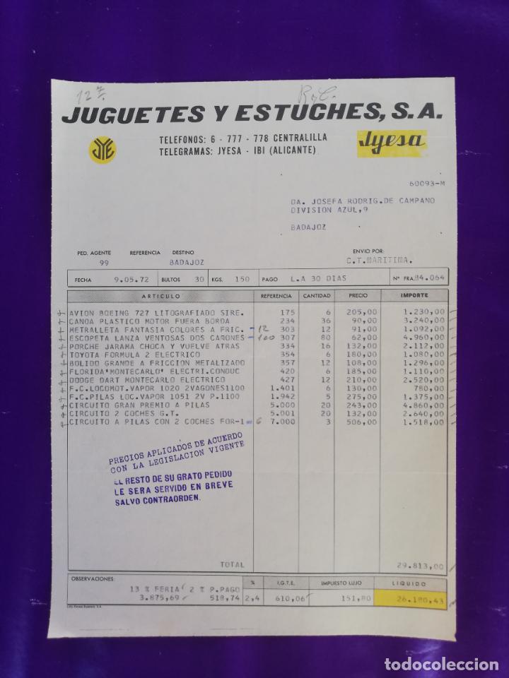 Giocattoli antichi: FACTURA DE JUGUETES. JYESA. JUGUETES Y ESTUCHES, S. A. IBI, ALICANTE, 1972.