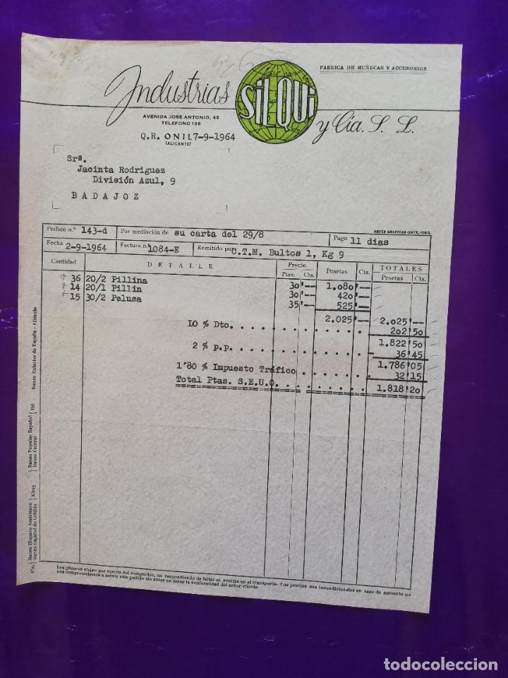 Giocattoli antichi: FACTURA DE JUGUETES. FARICA DE MU&Ntilde;ECAS Y ACCESORIOS. INDUSTRIAS SILQUI Y C&ordf;. ALICANTE, 1964.