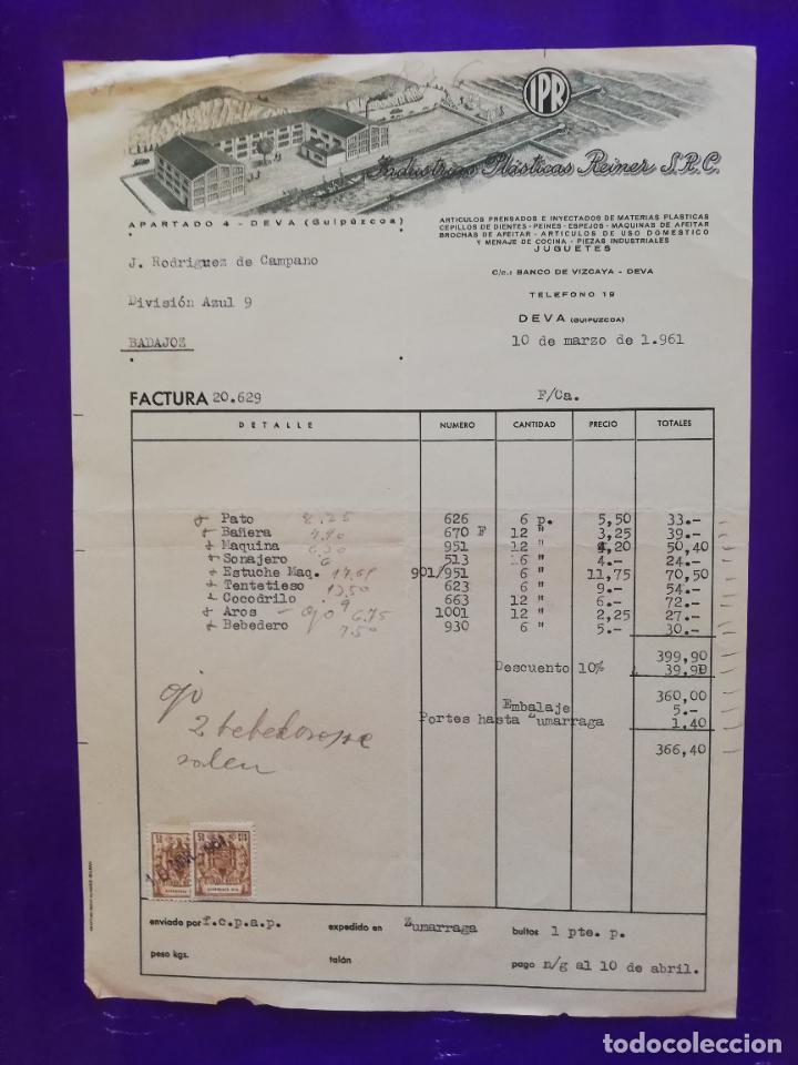 Antikes Spielzeug: FACTURA DE JUGUETES. INDUSTRIAS PLASTICAS REINER. DEVA, GUIPUZCOA, 1961.