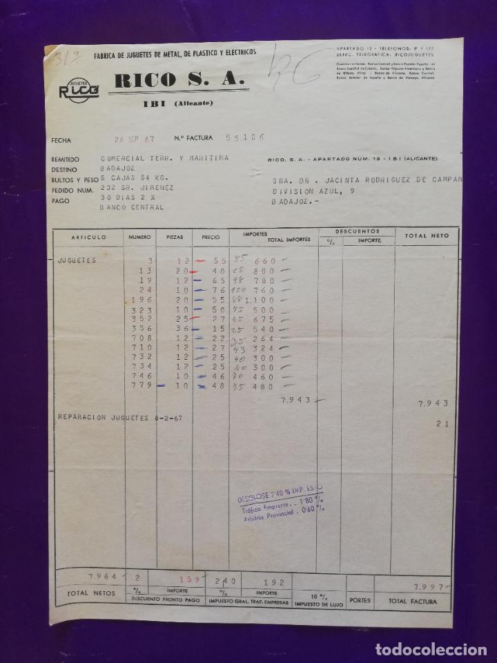 Juguetes antiguos: FACTURA DE JUGUETES. FABRICA DE JUGUETES DE METAL. JUGUETES RICOS S.A. IBI, ALICANTE, 1967.