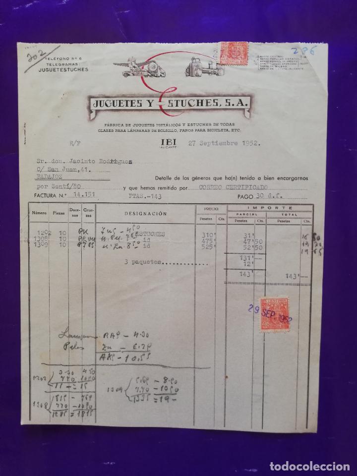 Juguetes antiguos: FACTURA DE JUGUETES. FABRICA DE JUGUETES METALICOS. JUGUETES Y ESTUCHES, S.A. IBI, ALICANTE, 1952.