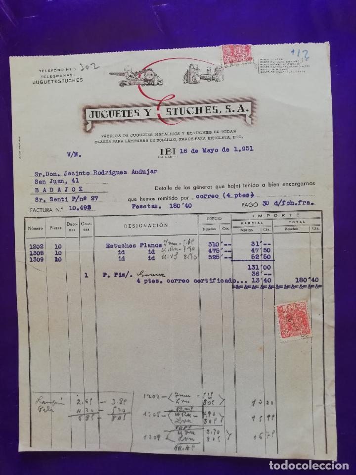 Juguetes antiguos: FACTURA DE JUGUETES. FABRICA DE JUGUETES METALICOS. JUGUETES Y ESTUCHES, S.A. IBI, ALICANTE, 1951.