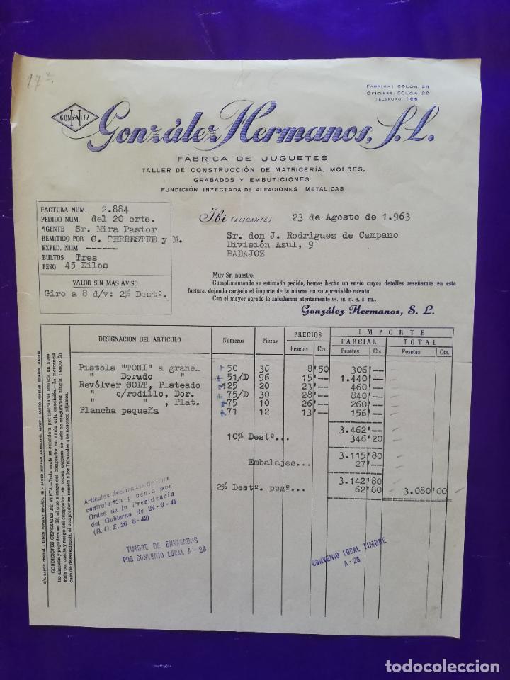 Juguetes antiguos: FACTURA DE JUGUETES. FABRICA DE JUGUETES. GONZALEZ HNOS. IBI, ALICANTE 1963.