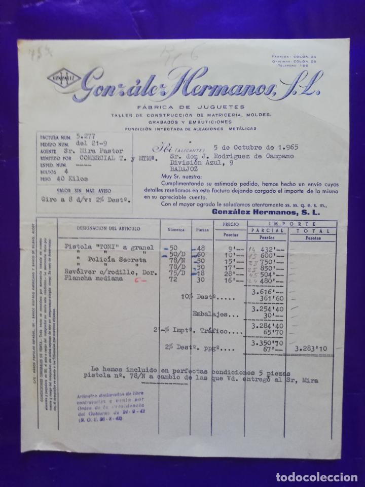 Juguetes antiguos: FACTURA DE JUGUETES. FABRICA DE JUGUETES. GONZALEZ HNOS. IBI, ALICANTE 1965.