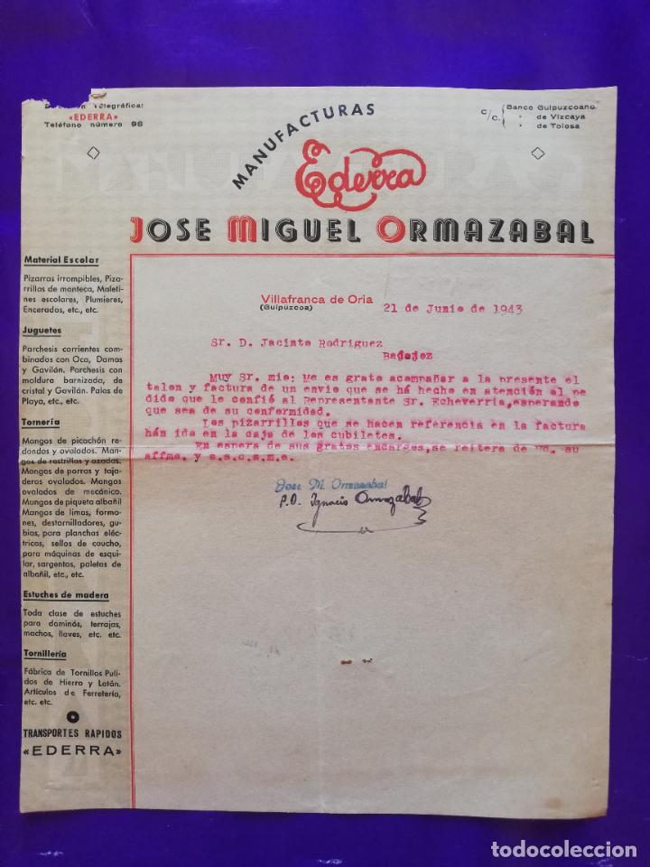 Juguetes antiguos: FACTURA DE JUGUETES. MANUFACTURAS EDERRA. JOSE MIGUEL ORMAZABAL. VILLAFRANCA DE ORIA, GUIPUZCOA,1943