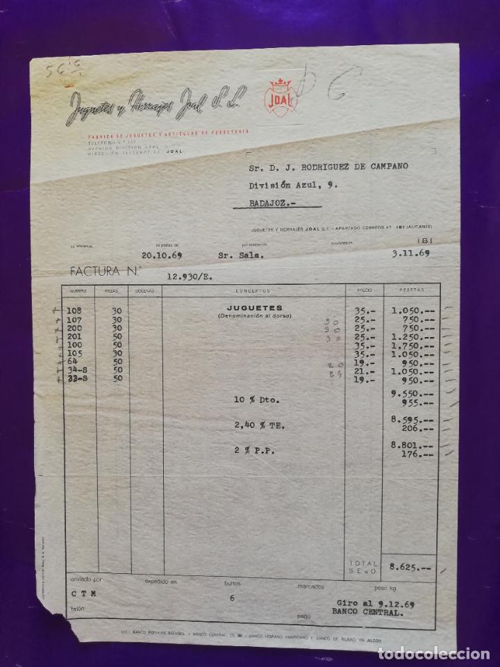 Juguetes antiguos: FACTURA DE JUGUETES. FABRICA DE JUGUETES. JUGUETES Y HERRAJES JDAL. IBI, ALICANTE 1969.