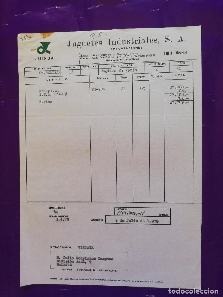 Juguetes antiguos: FACTURA DE JUGUETES. JUINSA. JUGUETES INDUSTRIALES, S.A. IBI, ALICANTE, 1979.
