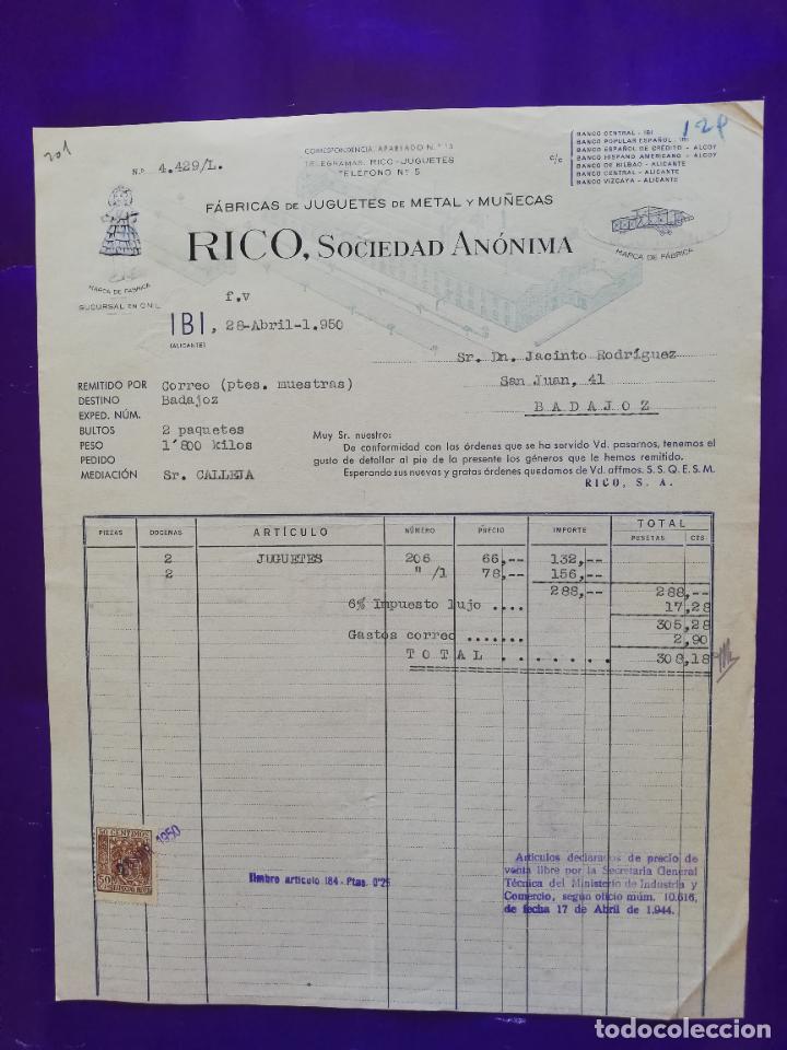 Giocattoli antichi: FACTURA DE JUGUETES. FABRICAS DE JUGUETES DE METAL Y MU&Ntilde;ECAS. RICO. S.A. IBI, ALICANTE 1950.
