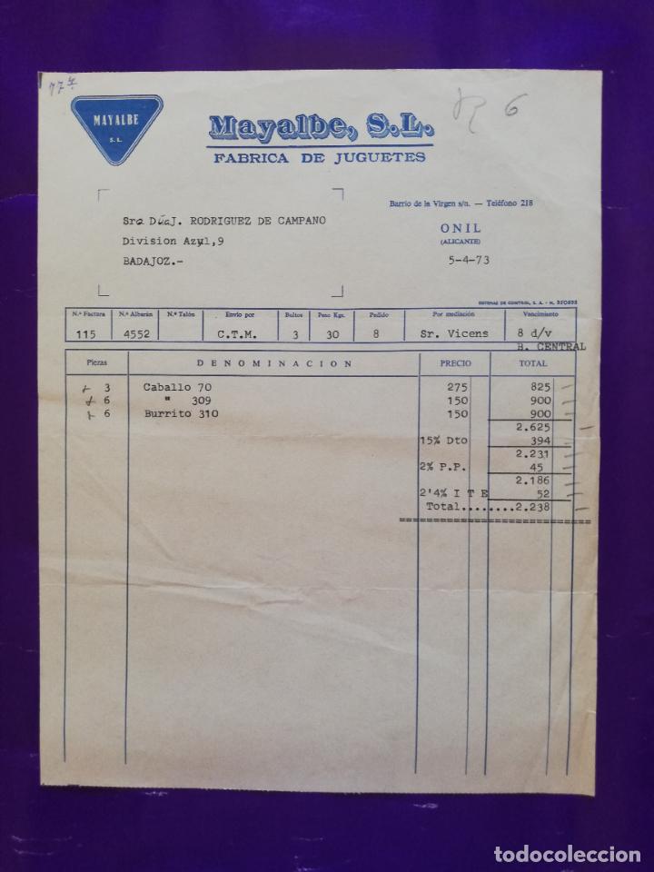 Old Toys: FACTURA DE JUGUETES. FABRICA DE JUGUETES. MAYALBE, S.L. ONIL, ALICANTE, 1973.