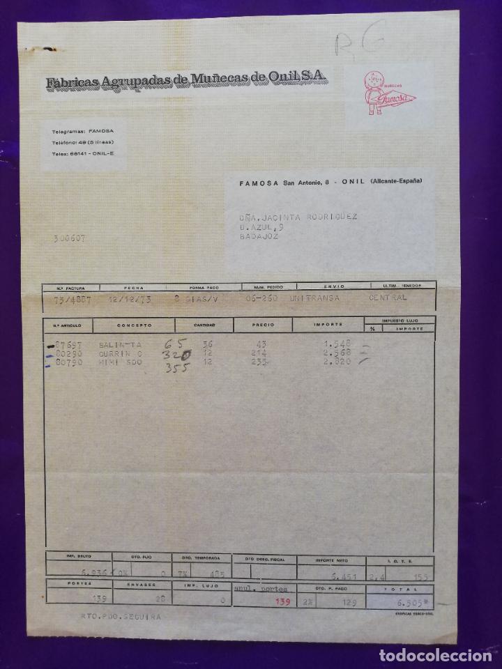 Old Toys: FACTURA DE JUGUETES. MU&Ntilde;ECAS FAMOSA. FABRICAS AGRUPADAS DE MU&Ntilde;ECAS DE ONIL,S.A. ONIL ALICANTE, 1973.