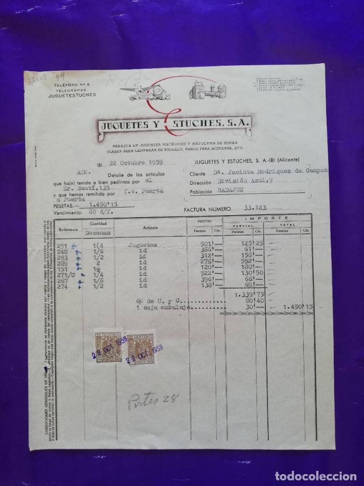 Old Toys: FACTURA DE JUGUETES. FABRICA DE JUGUETES METALICOS. JUGUETES Y ESTUCHES, S.A. IBI, ALICANTE, 1959.