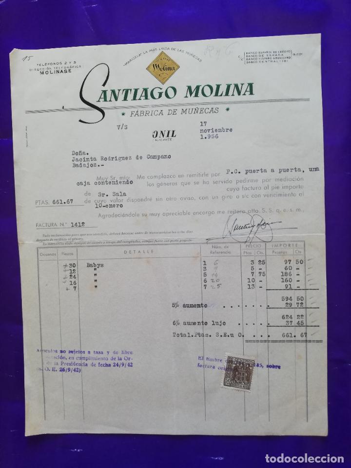 Jouets Anciens: FACTURA DE JUGUETES. FABRICA DE MU&Ntilde;ECAS. SANTIAGO MOLINA. ONIL, ALICANTE, 1956.