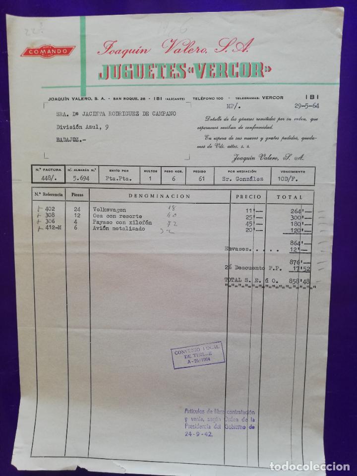 Jouets Anciens: FACTURA DE JUGUETES. JUGUETES VERCOR. JOAQUIN VALERO , S.A. IBI, ALICANTE, 1964.