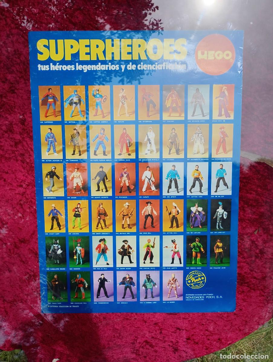 Juguetes antiguos: P&oacute;ster/cat&aacute;logo (completo) de los superh&eacute;roes MEGO que Novedades Poch -Meccano- pretend&iacute;a introducir