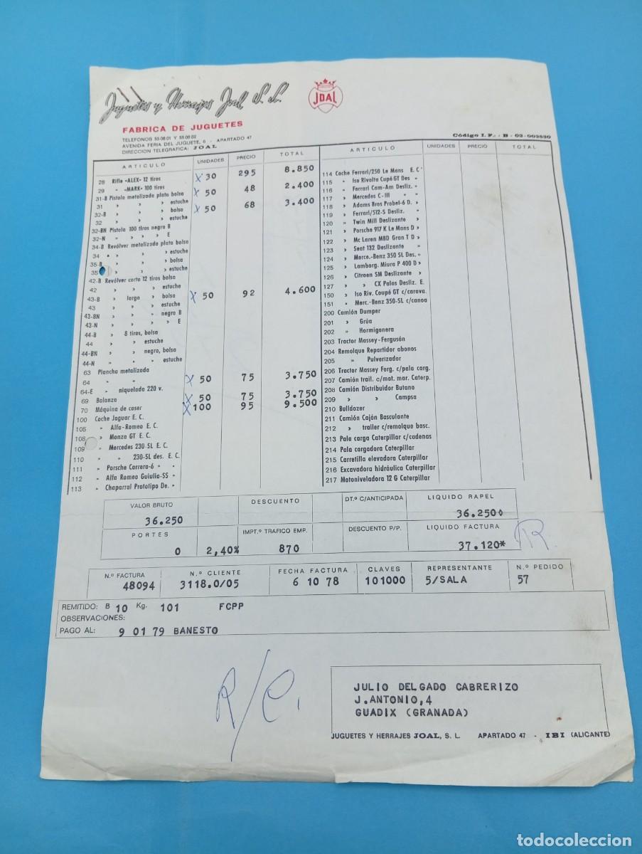 Juguetes antiguos: FACTURA Y LETRA DE CAMBIO DE JUGUETES. JUGUETES Y H. JOAL S.A. IBI, ALICANTE, 1979.