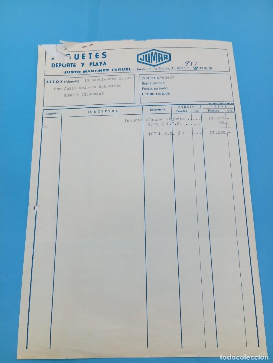 Juguetes antiguos: FACTURA Y LETRA DE CAMBIO DE JUGUETES. JUMAR. JUSTO MARTINEZ TERUEL. JUGUETES. ALBOX, ALMERIA, 1980.