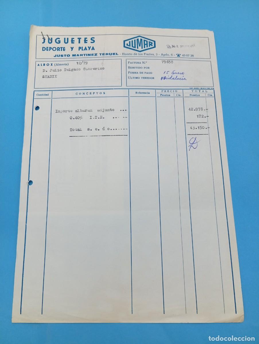 Juguetes antiguos: FACTURA Y LETRA DE CAMBIO DE JUGUETES. JUMAR. JUSTO MARTINEZ TERUEL. JUGUETES. ALBOX, ALMERIA, 1979.