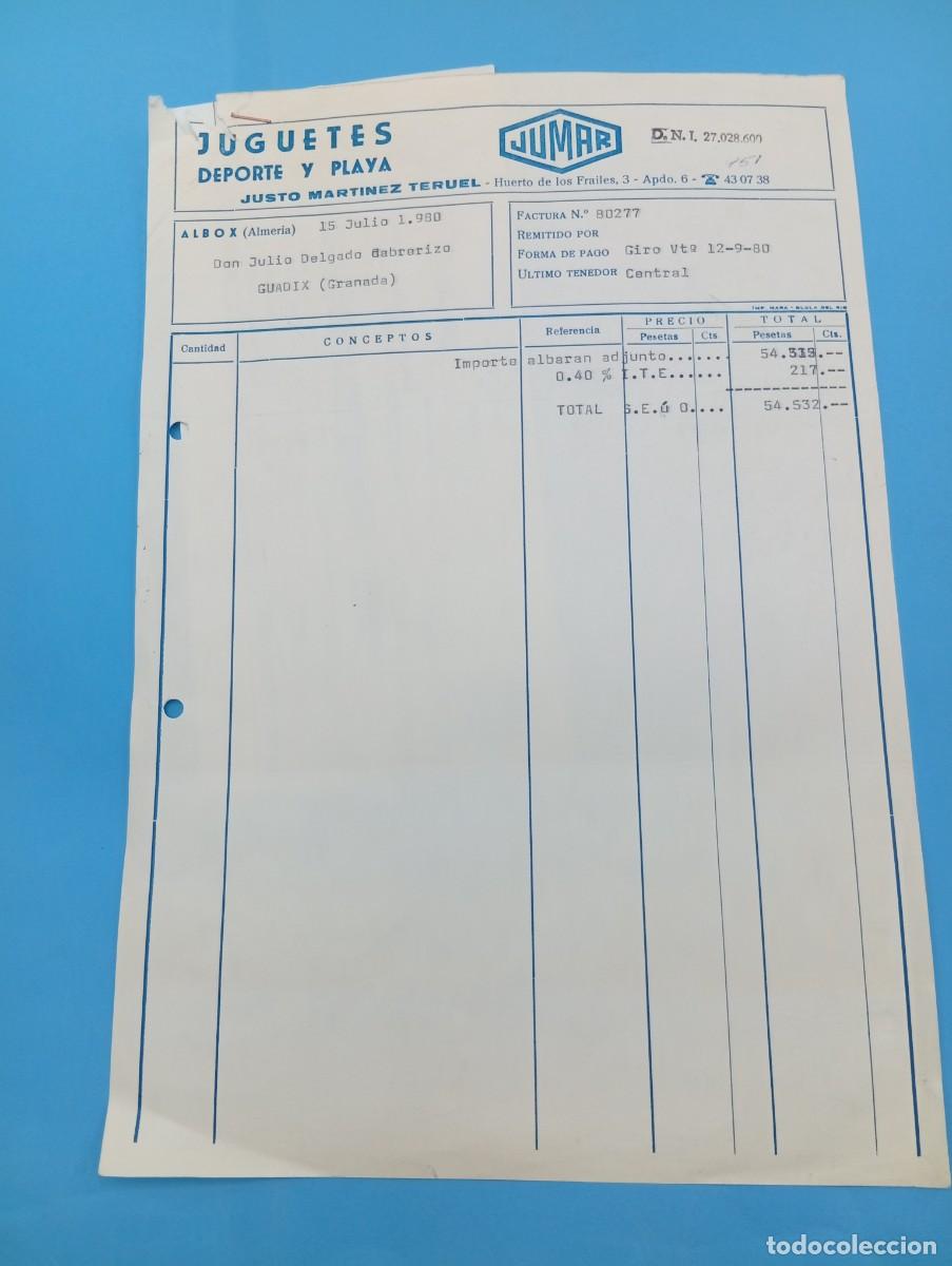 Juguetes antiguos: FACTURA Y LETRA DE CAMBIO DE JUGUETES. JUMAR. JUSTO MARTINEZ TERUEL. JUGUETES. ALBOX, ALMERIA, 1980.