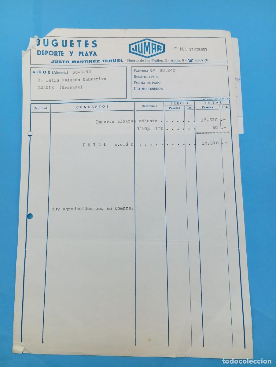 Juguetes antiguos: FACTURA Y LETRA DE CAMBIO DE JUGUETES. JUMAR. JUSTO MARTINEZ TERUEL. JUGUETES. ALBOX, ALMERIA, 1980.