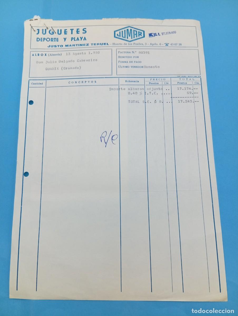 Juguetes antiguos: FACTURA Y LETRA DE CAMBIO DE JUGUETES. JUMAR. JUSTO MARTINEZ TERUEL. JUGUETES. ALBOX, ALMERIA, 1980.