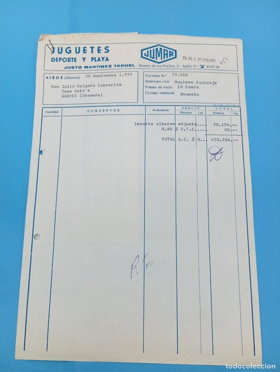 Juguetes antiguos: FACTURA Y LETRA DE CAMBIO DE JUGUETES. JUMAR. JUSTO MARTINEZ TERUEL. JUGUETES. ALBOX, ALMERIA, 1979.