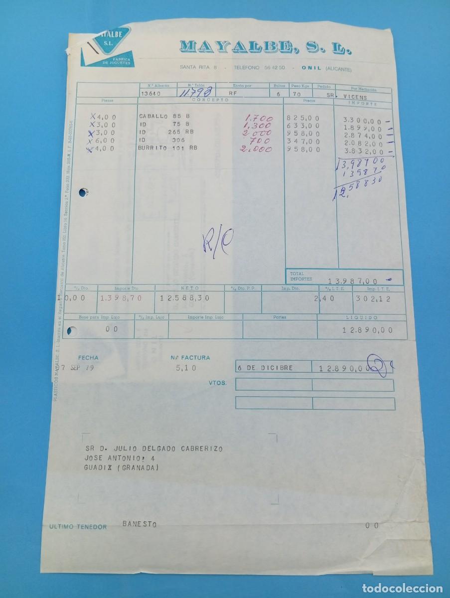 Juguetes antiguos: FACTURA Y LETRA DE CAMBIO DE JUGUETES. MAYALBE, S.L. FABRICA DE JUGUETES. ONIL, ALICANTE, 1979.