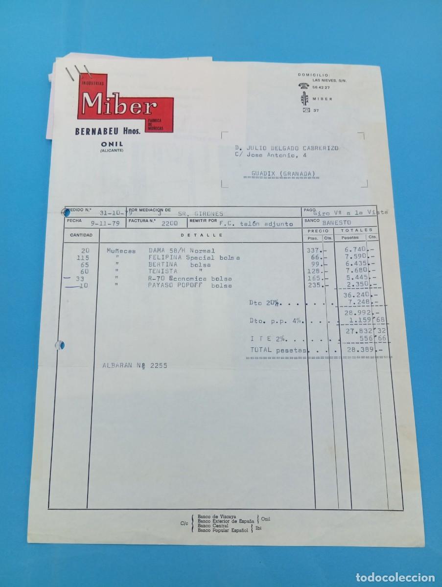 Juguetes antiguos: FACTURA Y LETRA DE CAMBIO DE JUGUETES. INDUSTRIAS MIBER. ONIL, ALICANTE, 1979.
