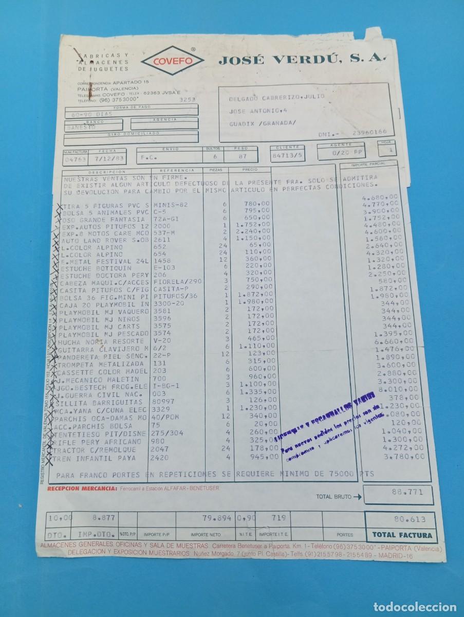 Brinquedos antigos: FACTURA Y LETRA DE CAMBIO DE JUGUETES. COVEFO. JOSE VERDU, S.A. PAIPORTA, VALENCIA, 1983.