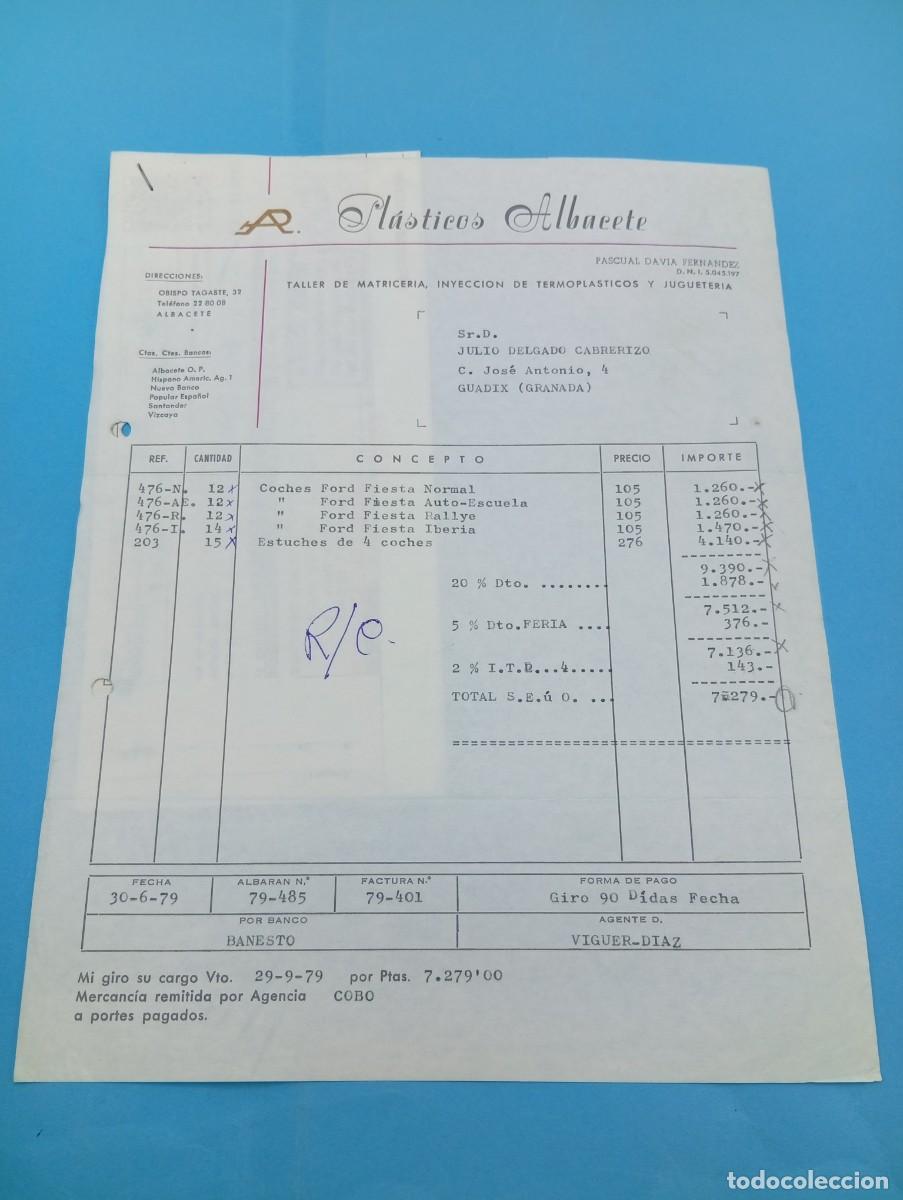 Juguetes antiguos: FACTURA Y LETRA DE CAMBIO DE JUGUETES. AR. PLASTICOS ALBACETE. 1979.
