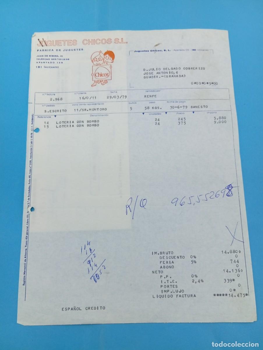Juguetes antiguos: FACTURA Y LETRA DE CAMBIO DE JUGUETES. JUGUETES CHICO, S.L. IBI, ALICANTE, 1979.