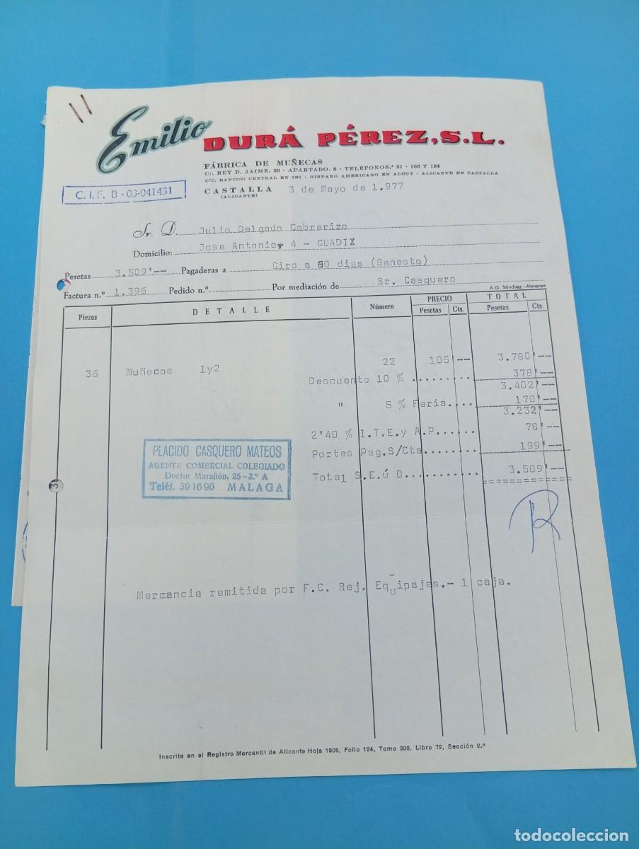 Juguetes antiguos: FACTURA Y LETRA DE CAMBIO DE JUGUETES. EMILIO DURA PEREZ. FABRICA DE MU&Ntilde;ECAS. CASTALLA, 1977.