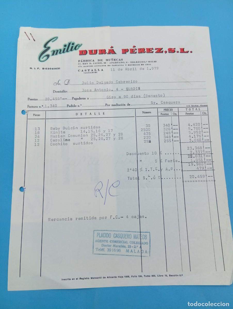 Juguetes antiguos: FACTURA Y LETRA DE CAMBIO DE JUGUETES. EMILIO DURA PEREZ. FABRICA DE MU&Ntilde;ECAS. CASTALLA, 1977.